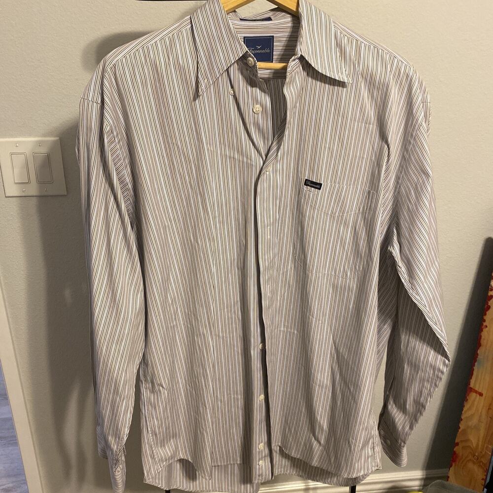 Vintage Faconnable Brown Striped Button Down Shirt Men's Size L Made in USA
